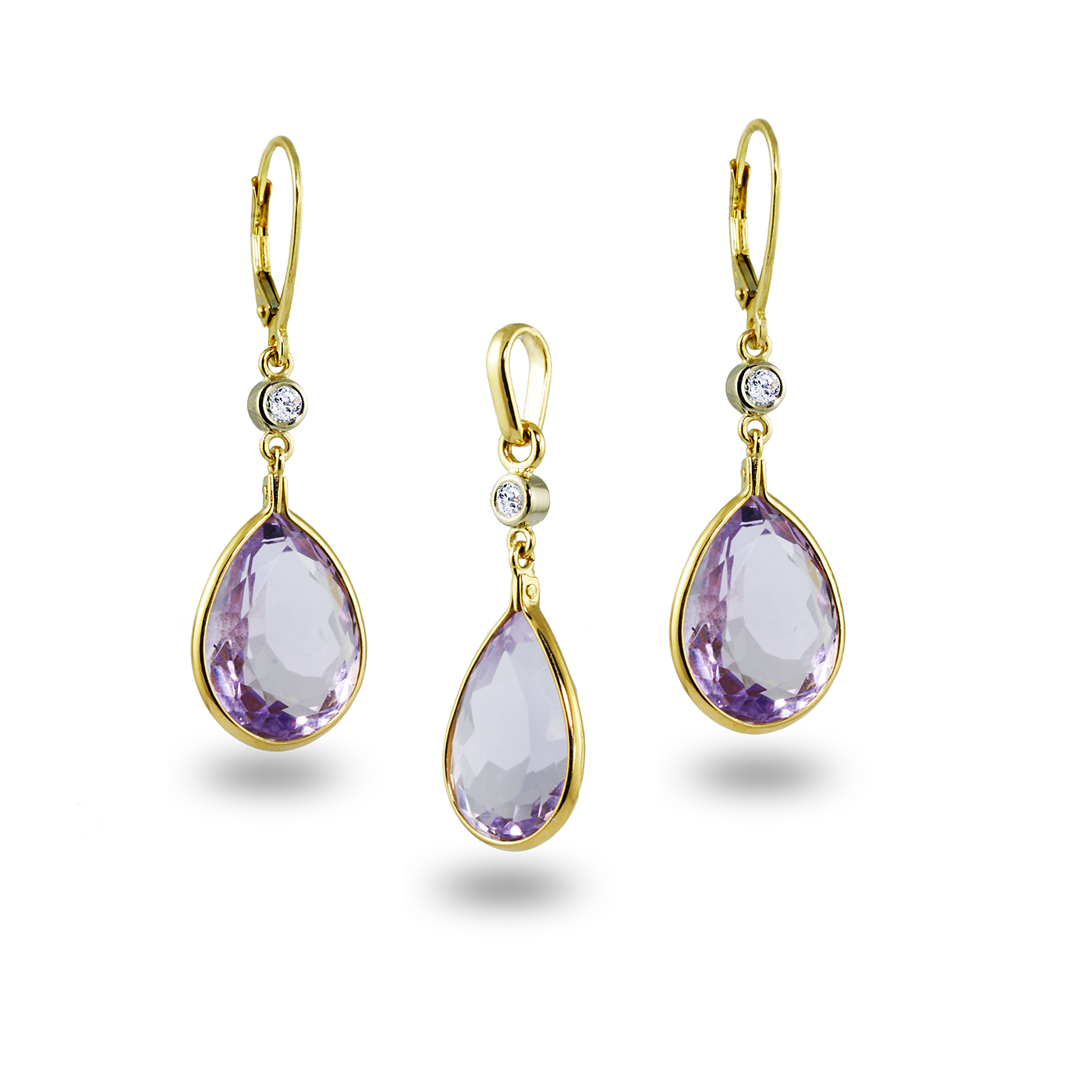 Amethyst & Diamonds Gold Earrings and Pendant