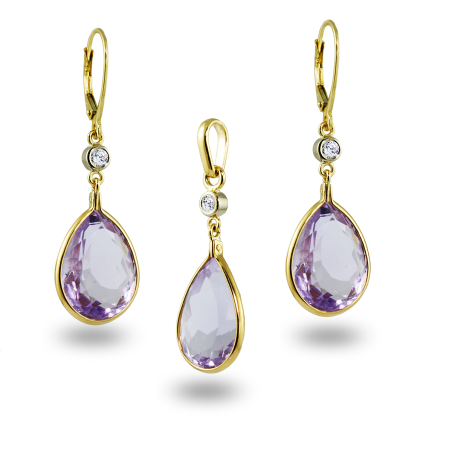 Amethyst & Diamonds Gold Earrings and Pendant