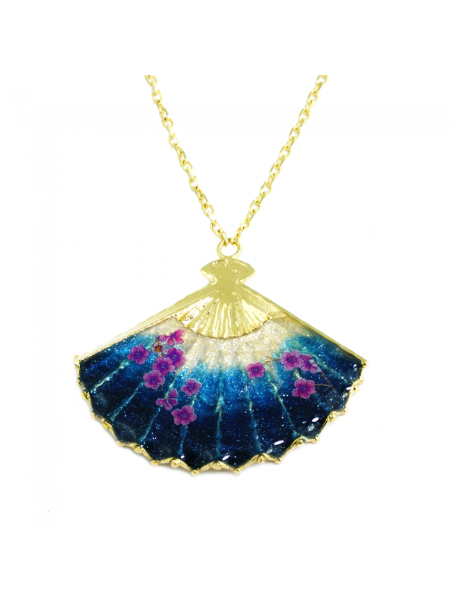Blue Cherry Blossom Japanese Fan GOLD Necklace
