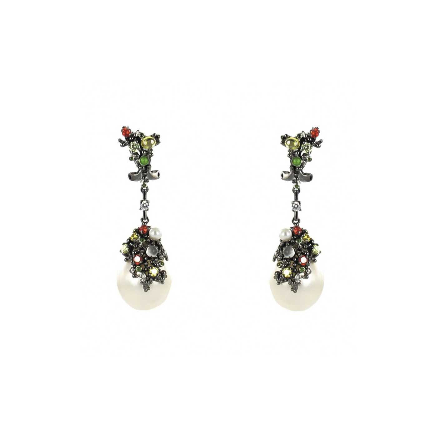 Silver Pearls Black Earrings