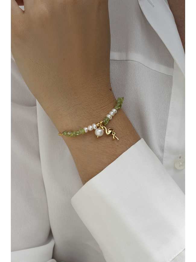 Flamingo Charms with pearls and green peridot Bracelet