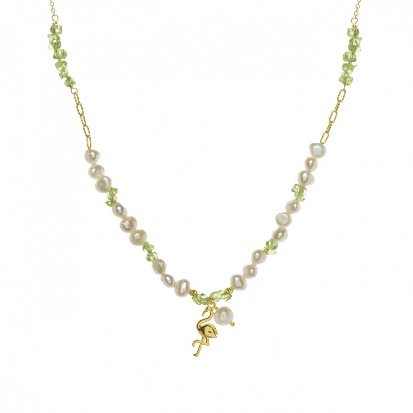 Falmingo Charms with pearls and green gemstones Neckalce