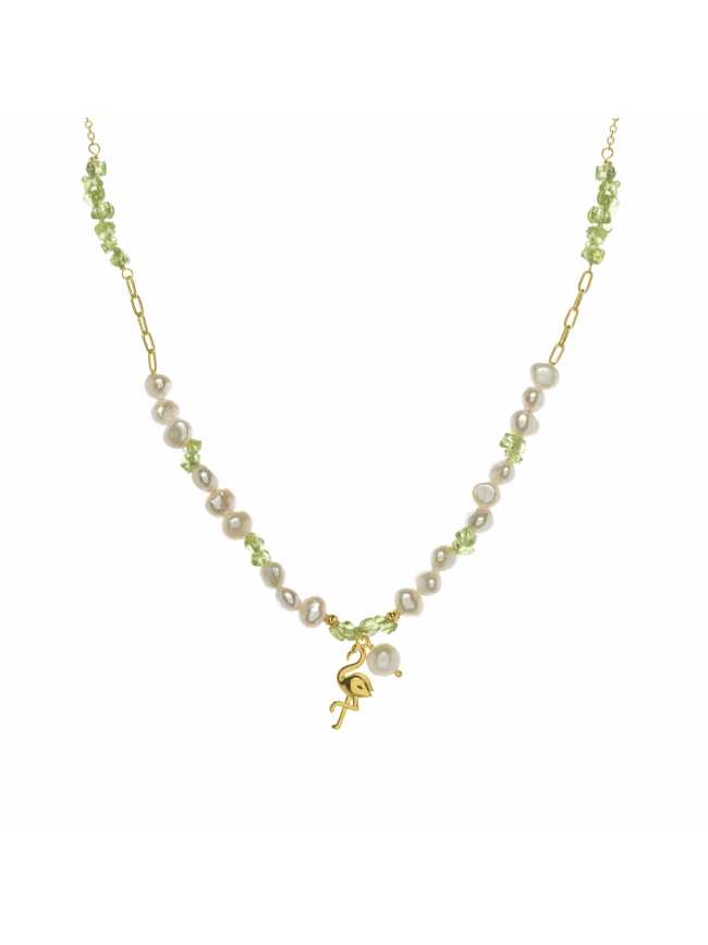 Falmingo Charms with pearls and green gemstones Neckalce