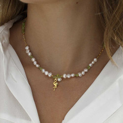 Falmingo Charms with pearls and green gemstones Neckalce