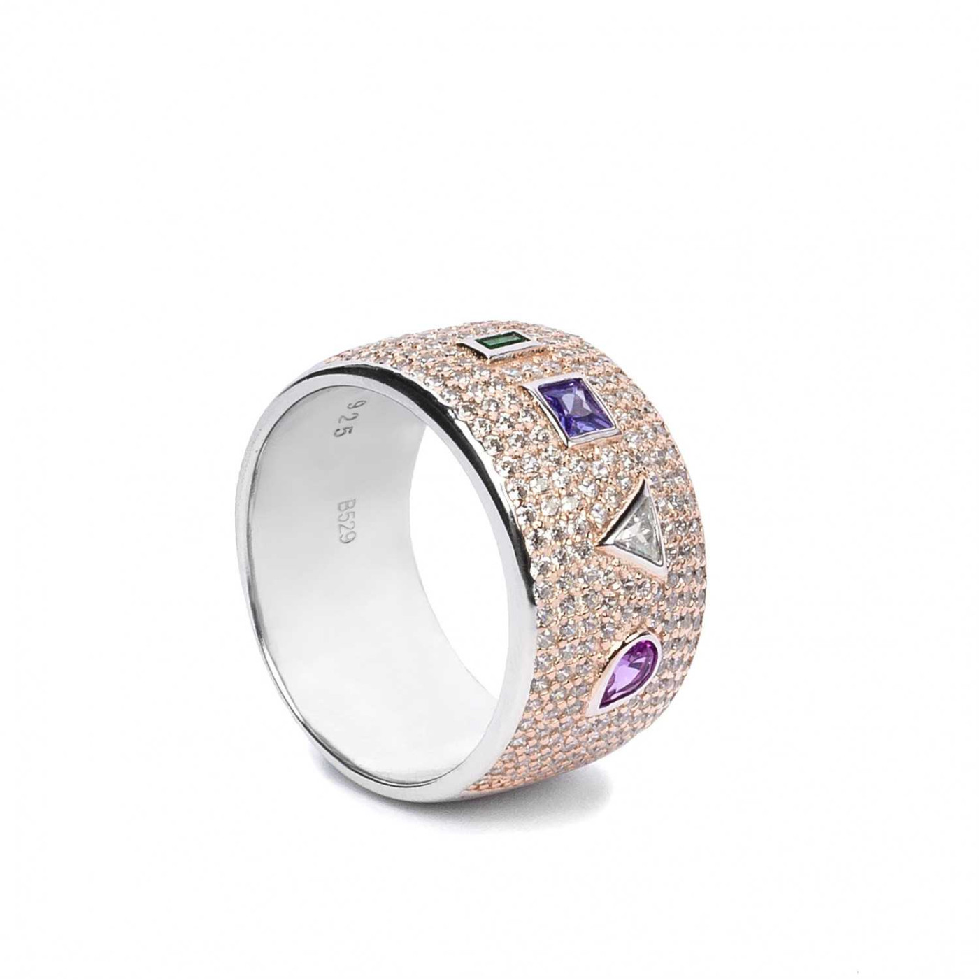 WIDE RING MULTICOLORED GEOMETRIC DESIGN WITH ZIRCONIA