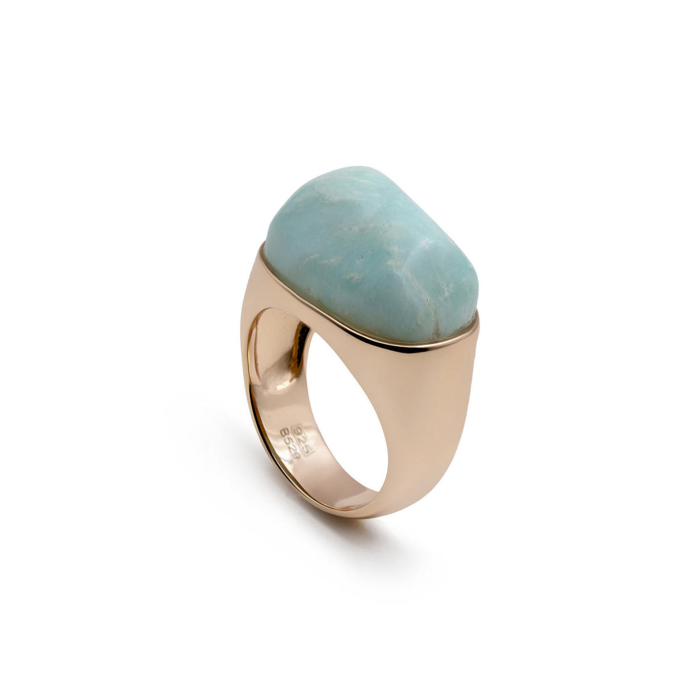 Ring with aquamarine stone set in rose-plated silver