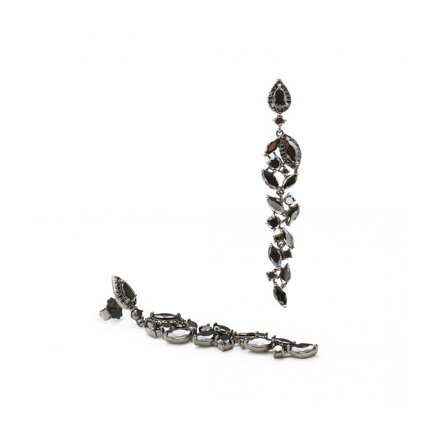 Long earrings bright black ruthenium silver floral design