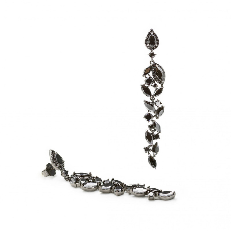 Long earrings bright black ruthenium silver floral design