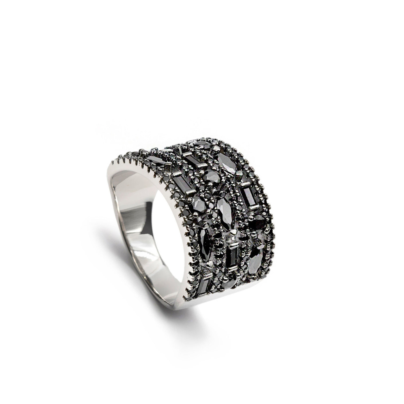 Black zirconia silver rings wide design