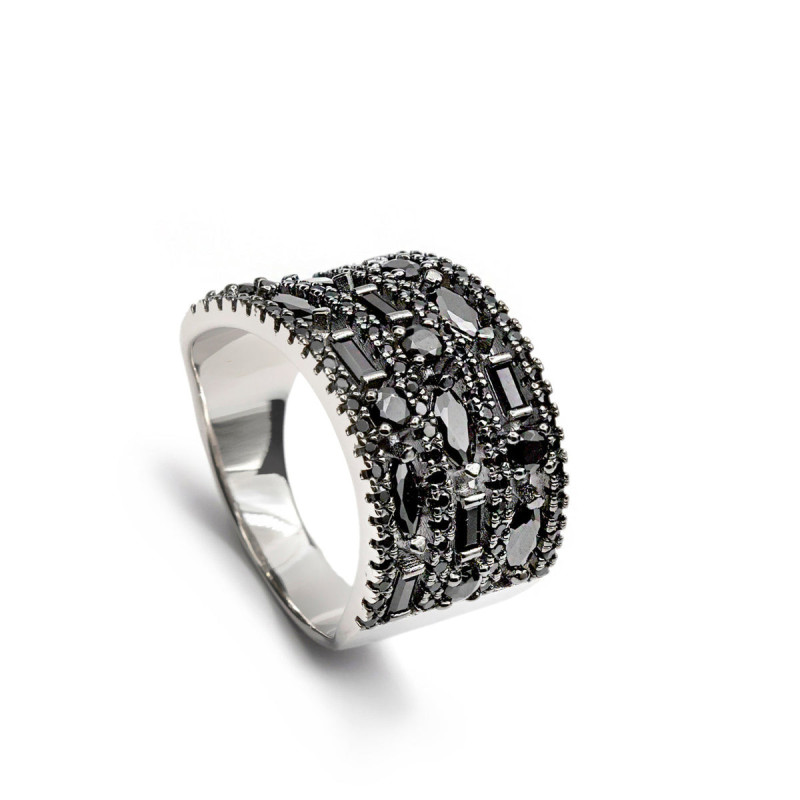 Black zirconia silver rings wide design