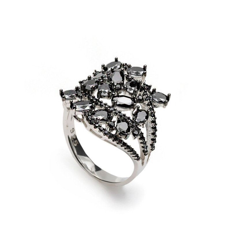 Wide black floral style ring