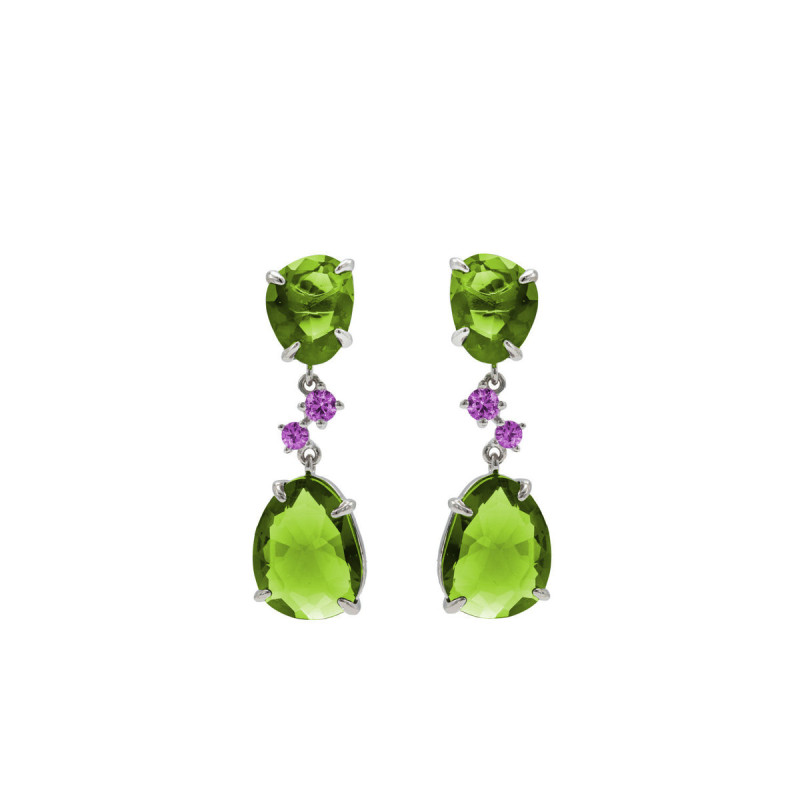 Earrings with stones in shades of green and zircons