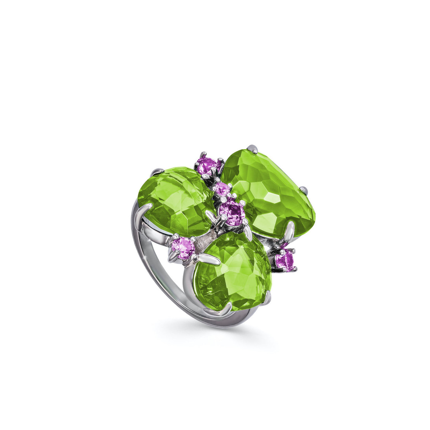 Ring with stones in green tones and zircons