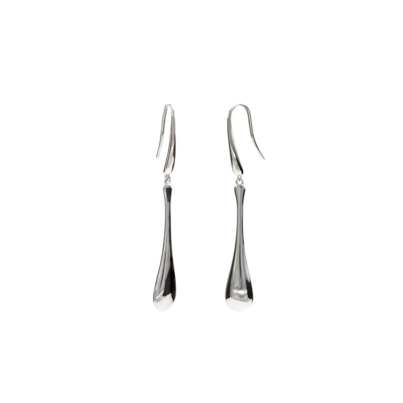 Long silver earrings with teardrop design