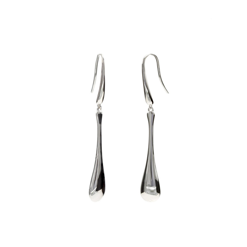 Long silver earrings with teardrop design