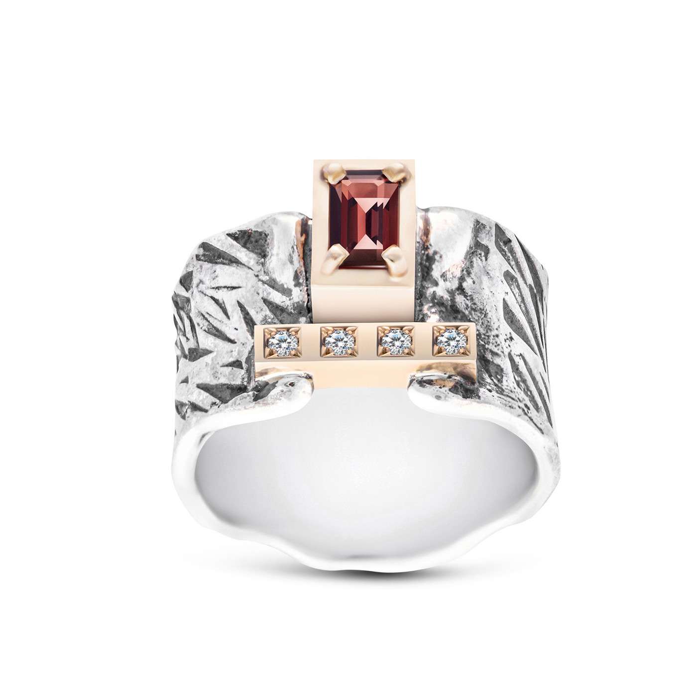 Silver and Gold Ring with Diamonds and Garnet