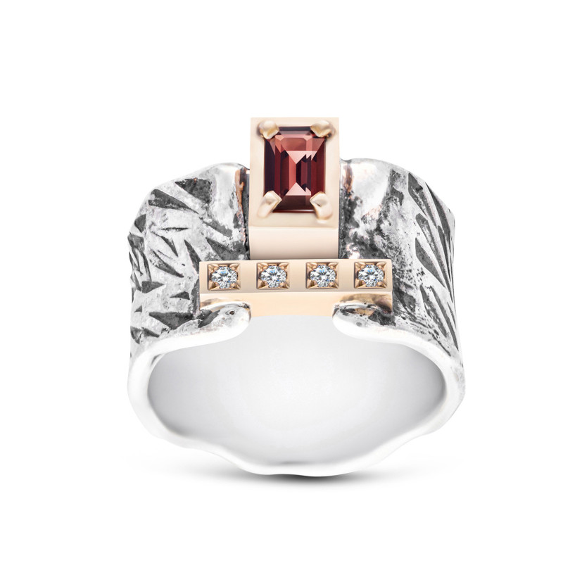 Silver and Gold Ring with Diamonds and Garnet