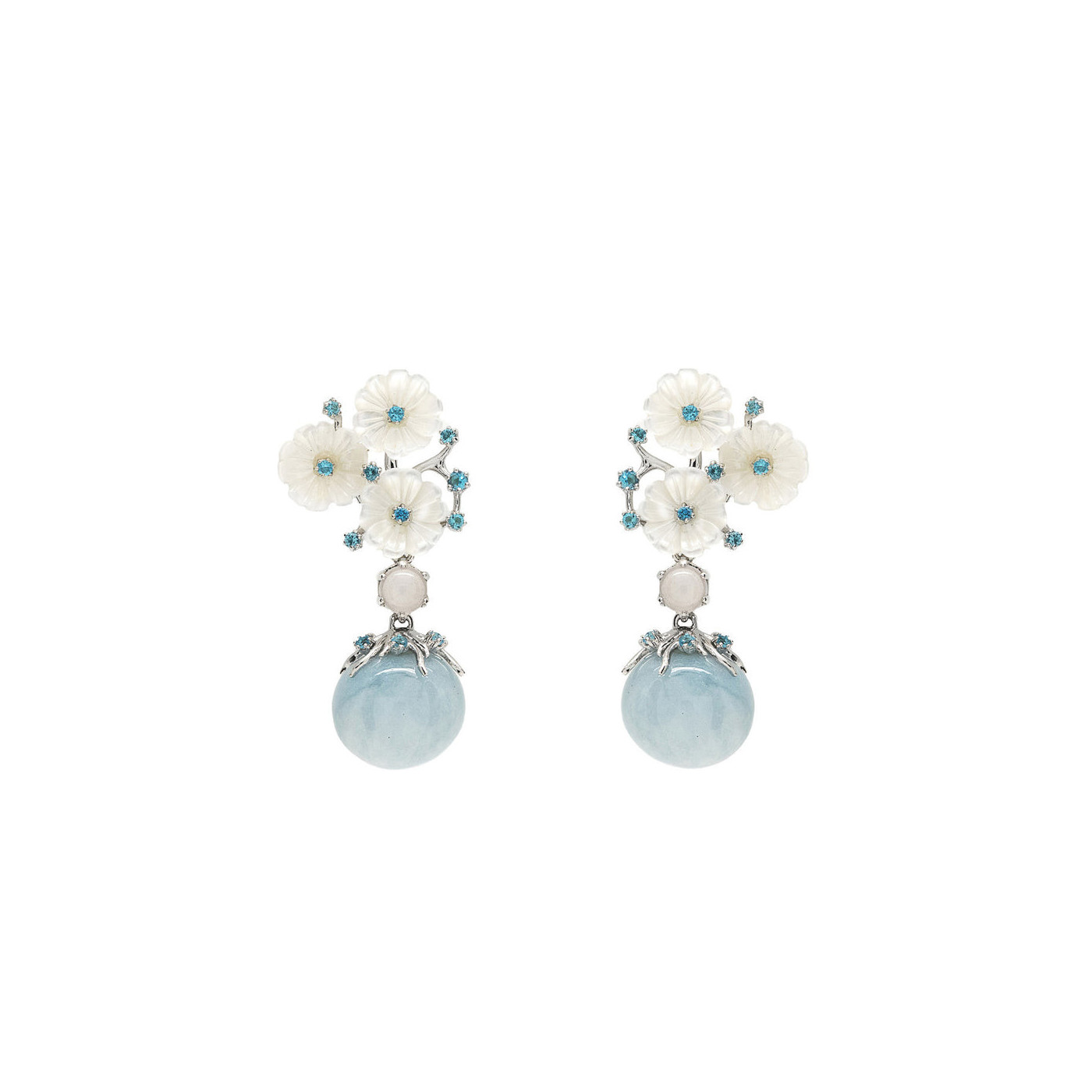Natural Silver & Aquamarine Flowers Earrings
