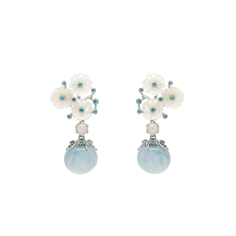 Natural Silver & Aquamarine Flowers Earrings