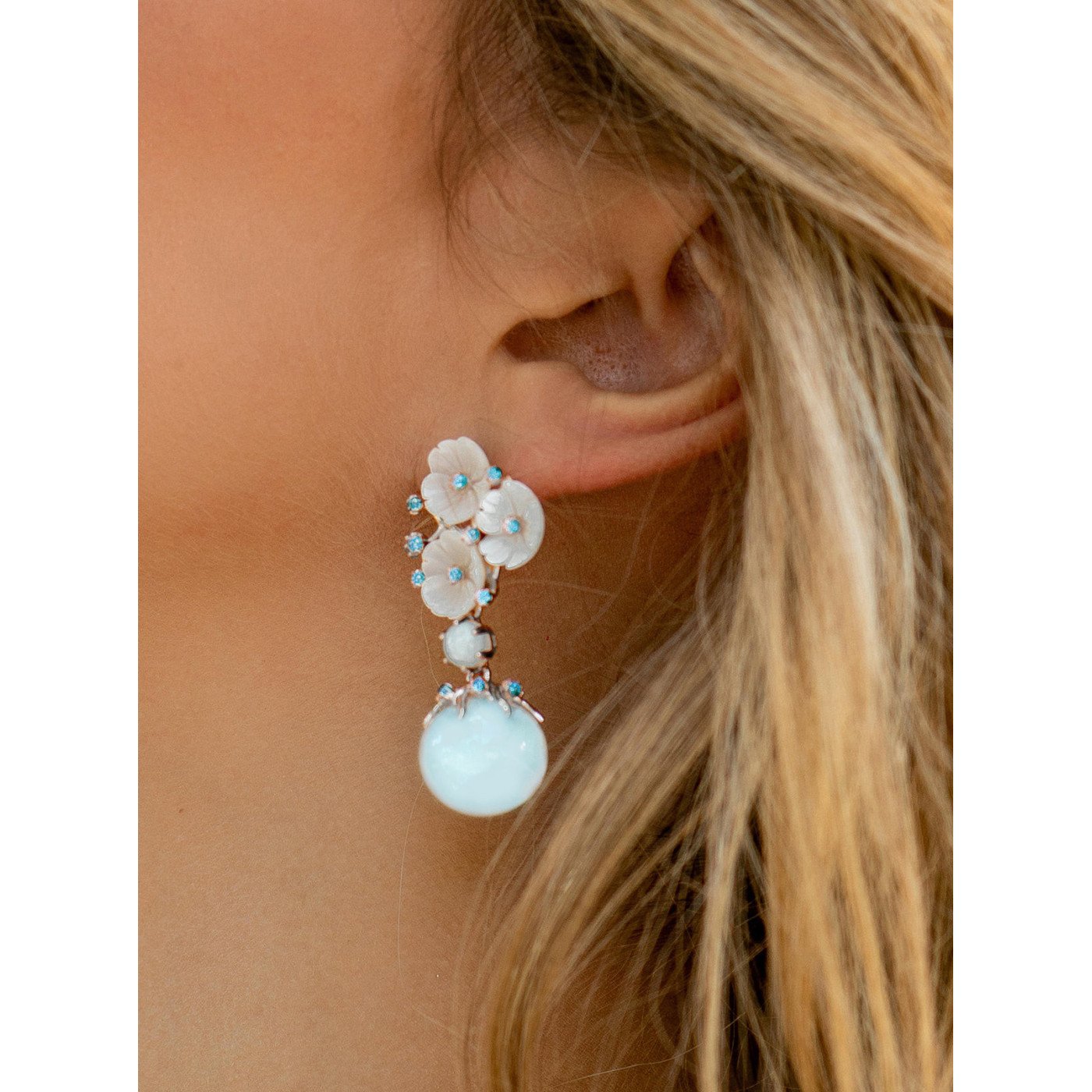 Natural Silver & Aquamarine Flowers Earrings
