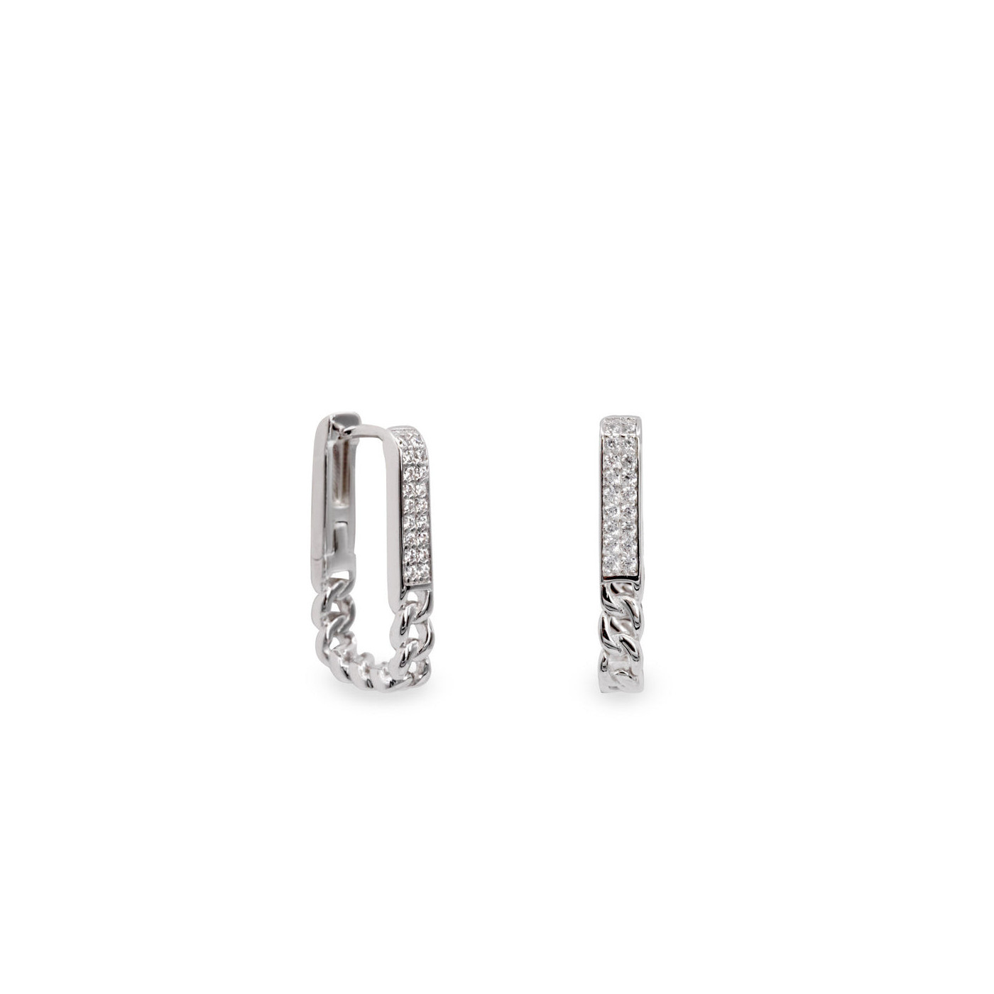 Rectangular silver earrings with zirconia and chain design