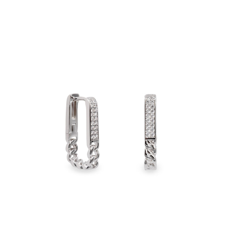 Rectangular silver earrings with zirconia and chain design