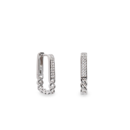 Rectangular silver earrings with zirconia and chain design