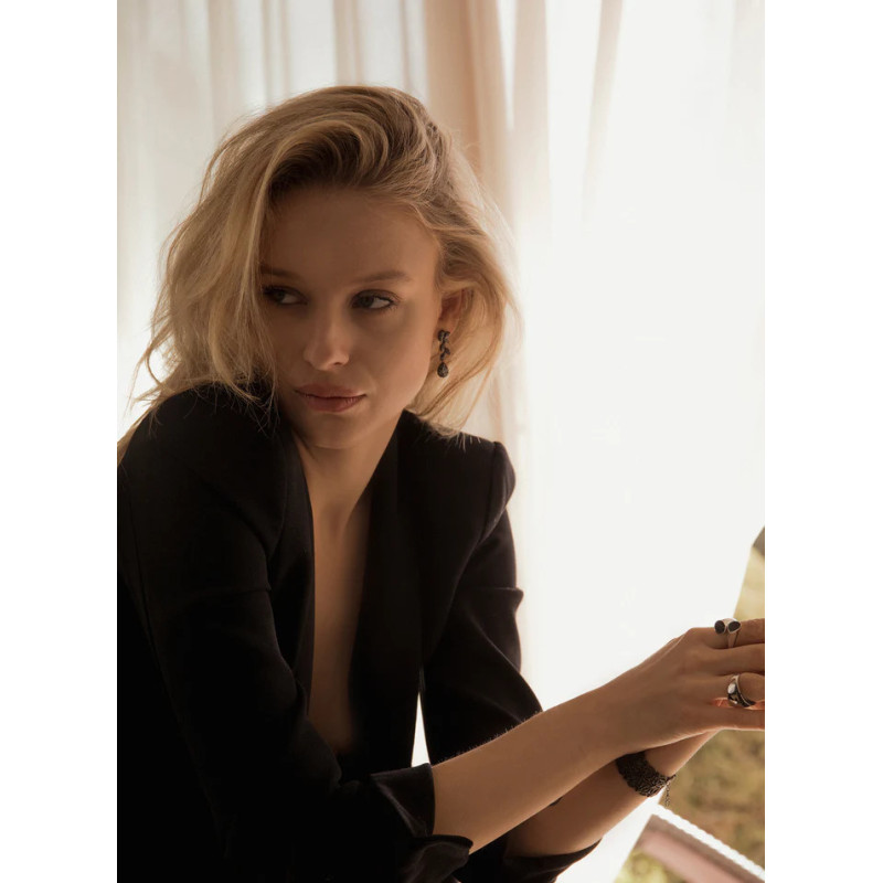 Srebrne Czarne Kolczyki Listki Łezka No.6