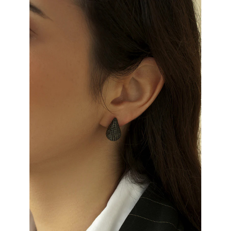 Teardrop-shaped earrings crafted from silver with black zirconia