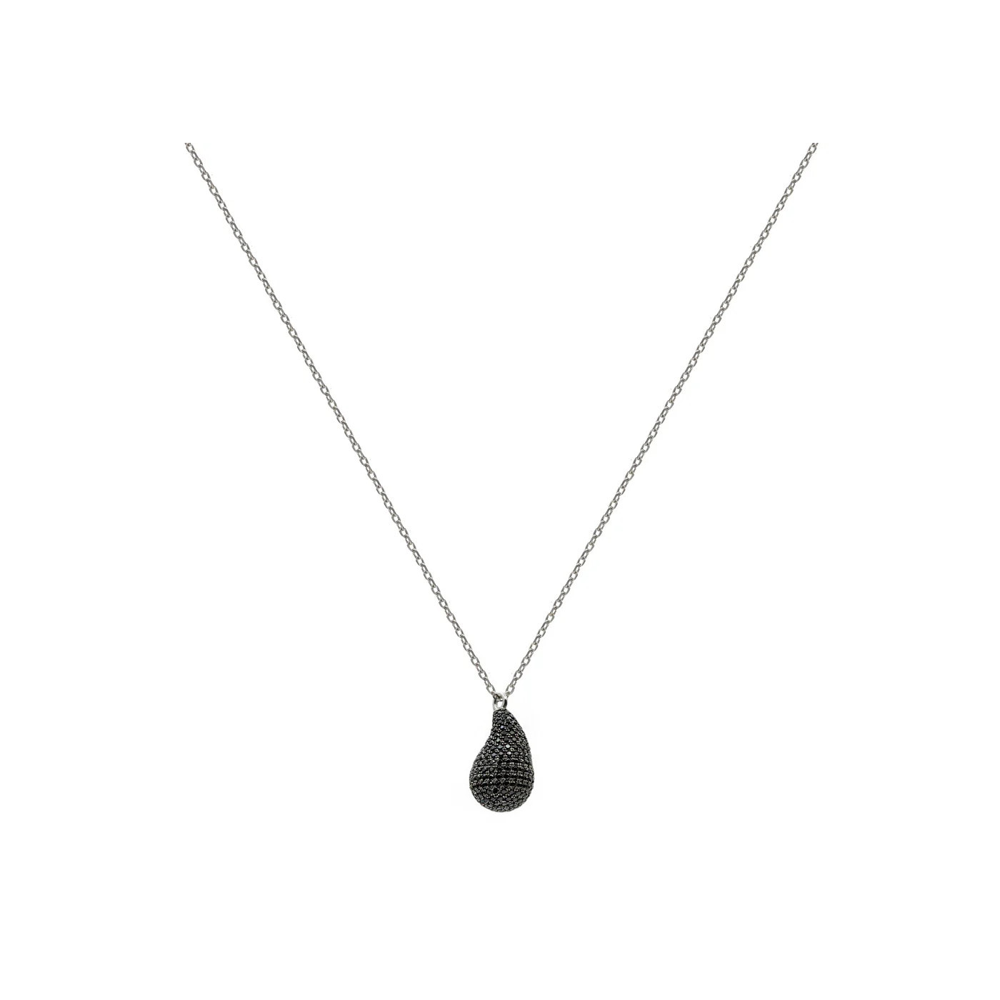 Silver necklace with a black teardrop pendant