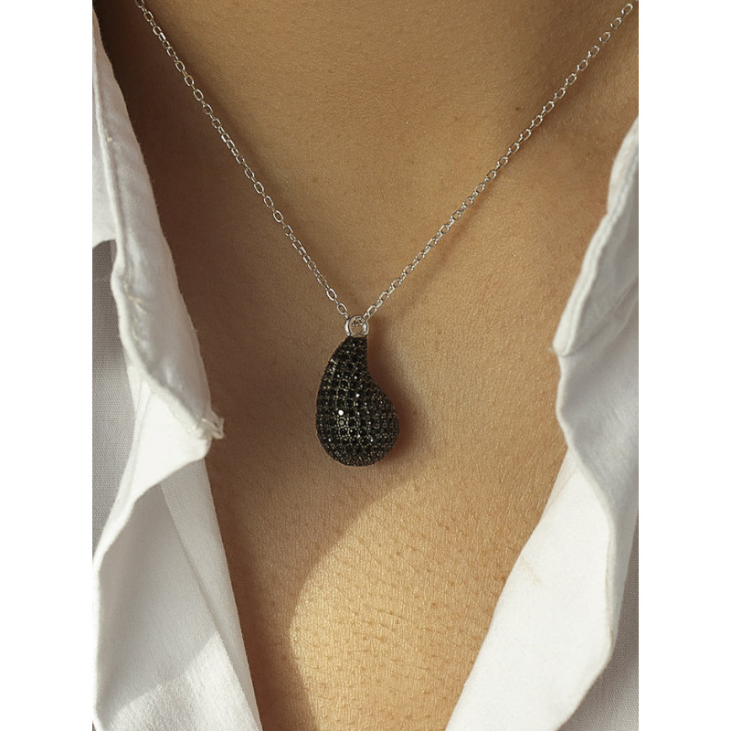 Silver necklace with a black teardrop pendant