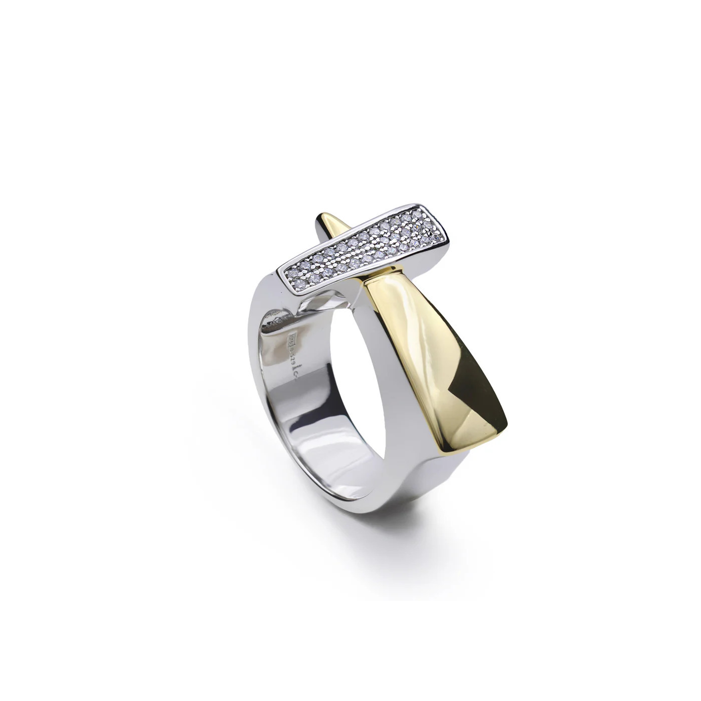 Bicolor geometric silver ring with gold-plated detail