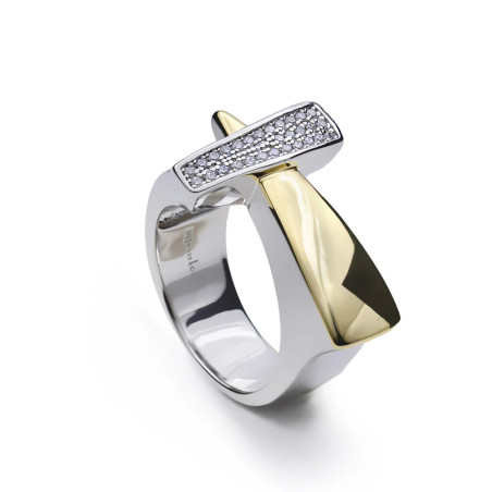 Bicolor geometric silver ring with gold-plated detail