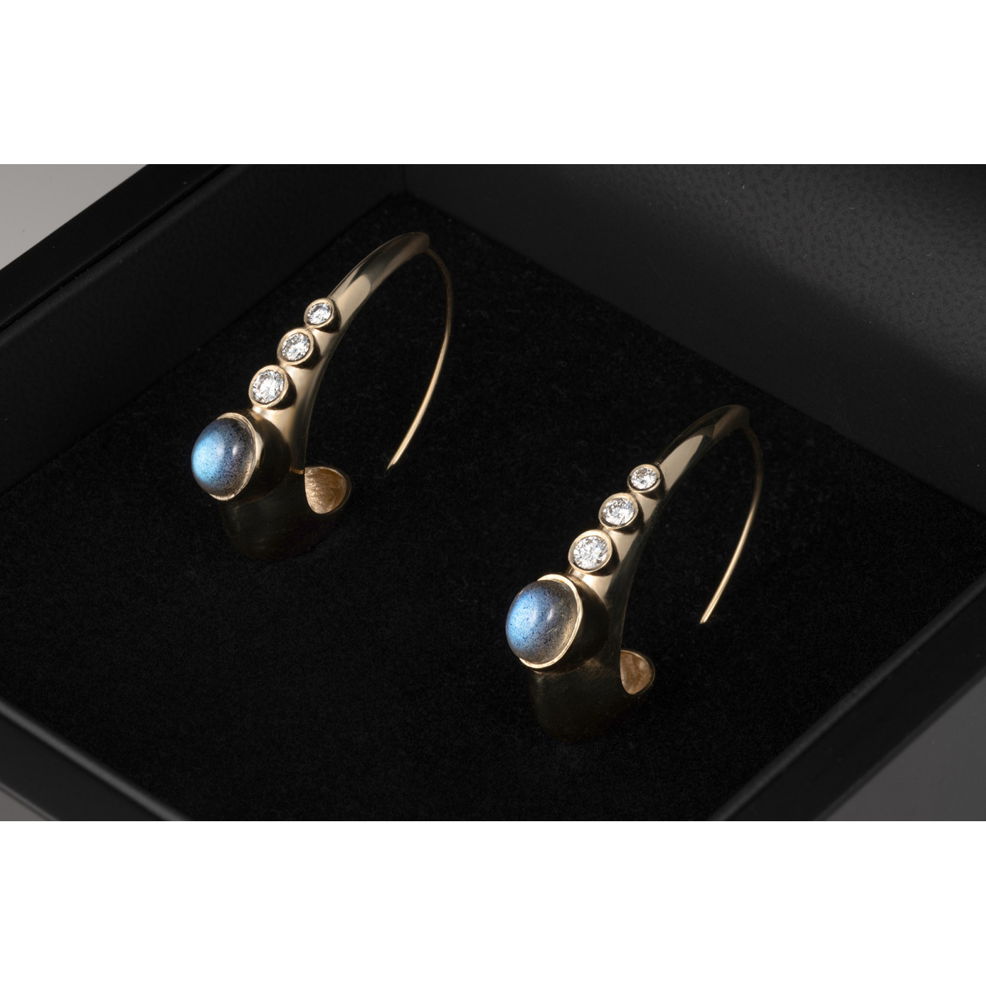 Designer Gold Earrings with Diamonds and Labradorite Designer Gold Earrings with Diamonds and Labradorite