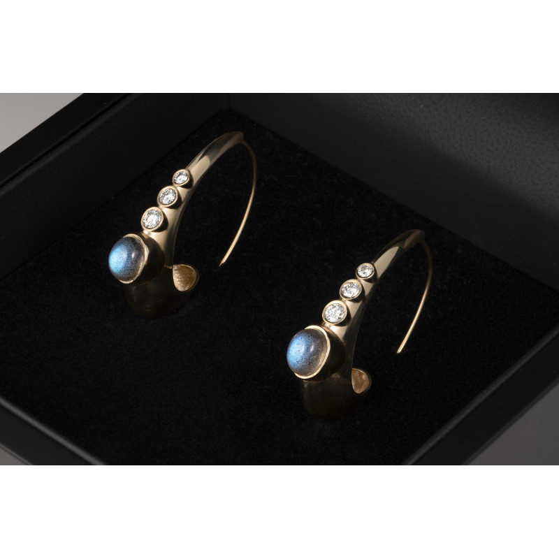 Designer Gold Earrings with Diamonds and Labradorite Designer Gold Earrings with Diamonds and Labradorite