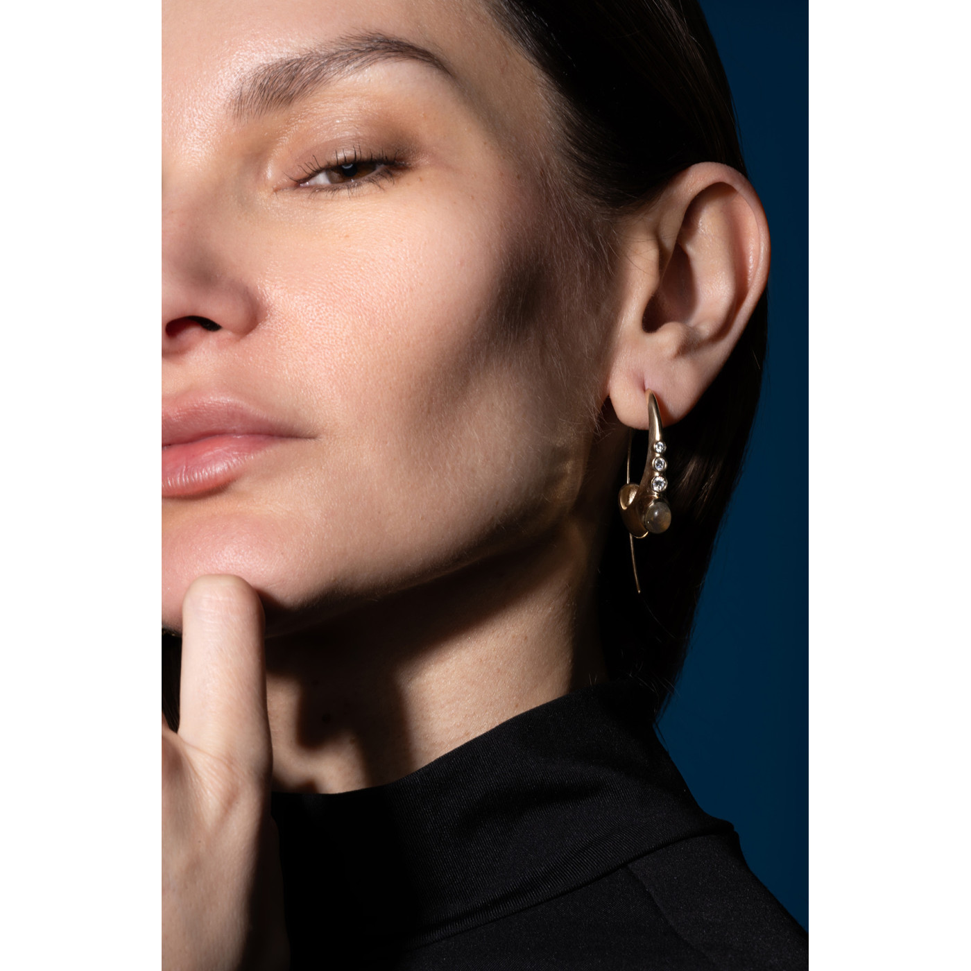 Designer Gold Earrings with Diamonds and Labradorite Designer Gold Earrings with Diamonds and Labradorite