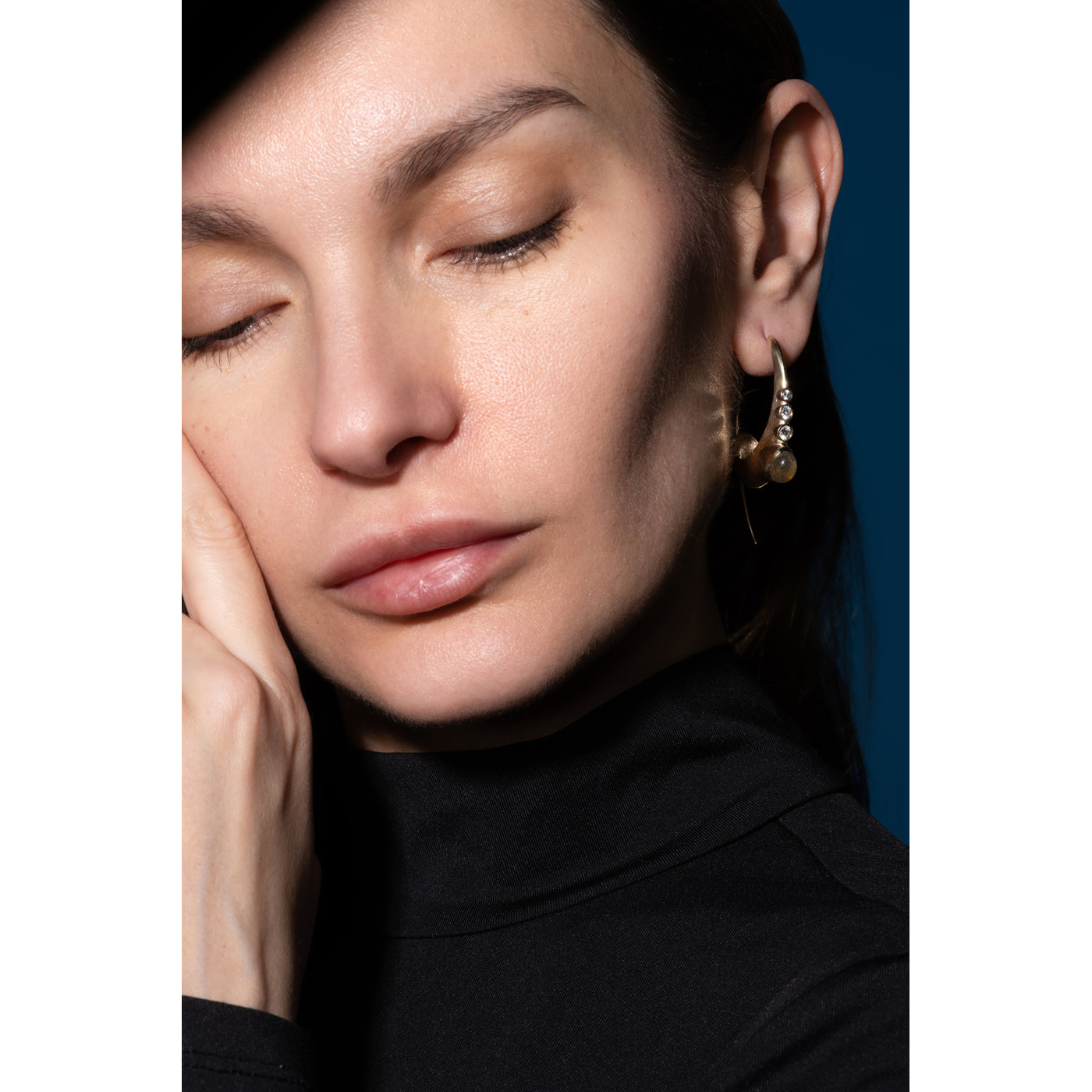 Designer Gold Earrings with Diamonds and Labradorite Designer Gold Earrings with Diamonds and Labradorite