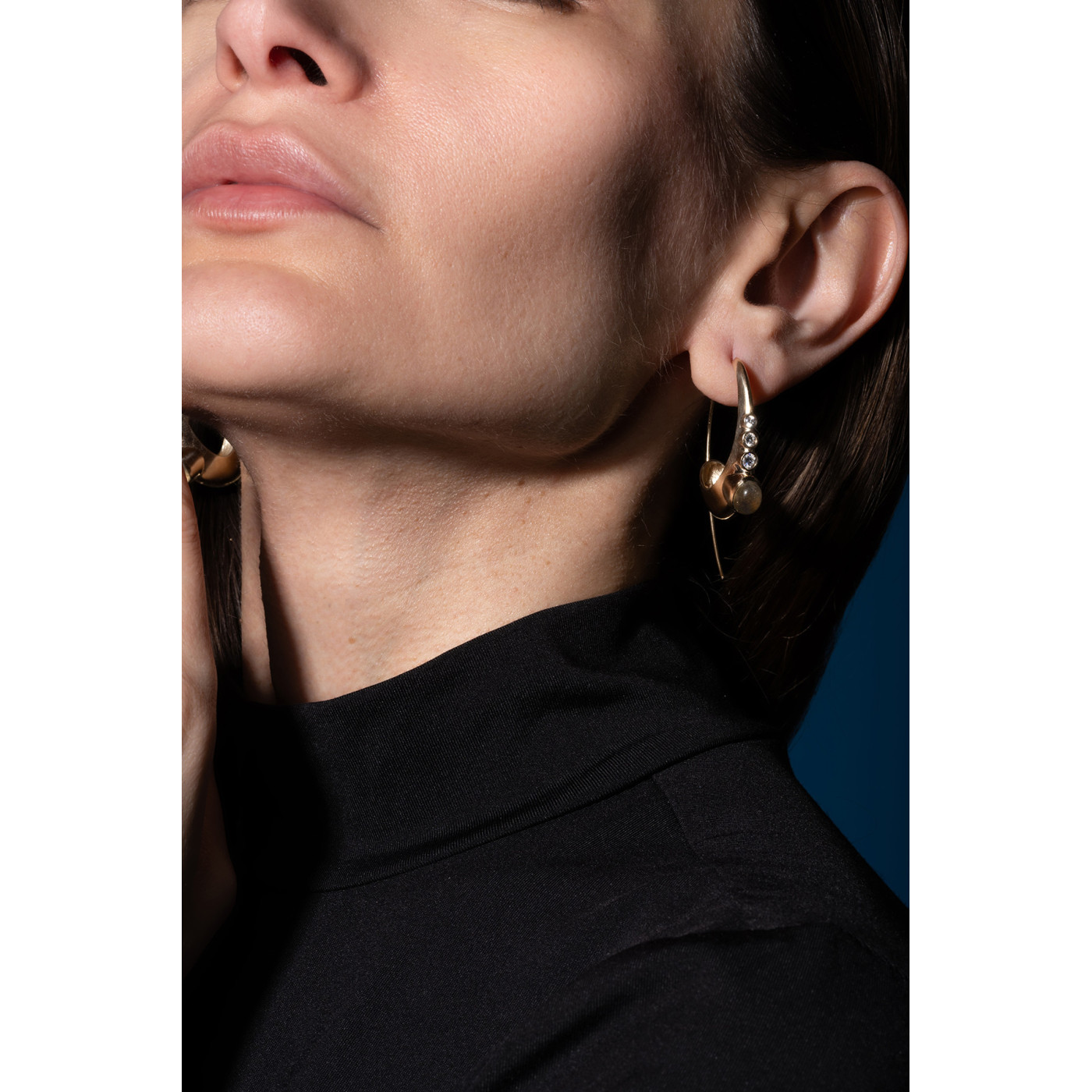 Designer Gold Earrings with Diamonds and Labradorite Designer Gold Earrings with Diamonds and Labradorite