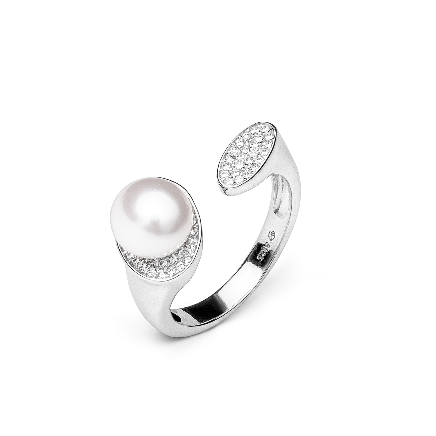 Silver open-form ring with pearl and cubic zirconia