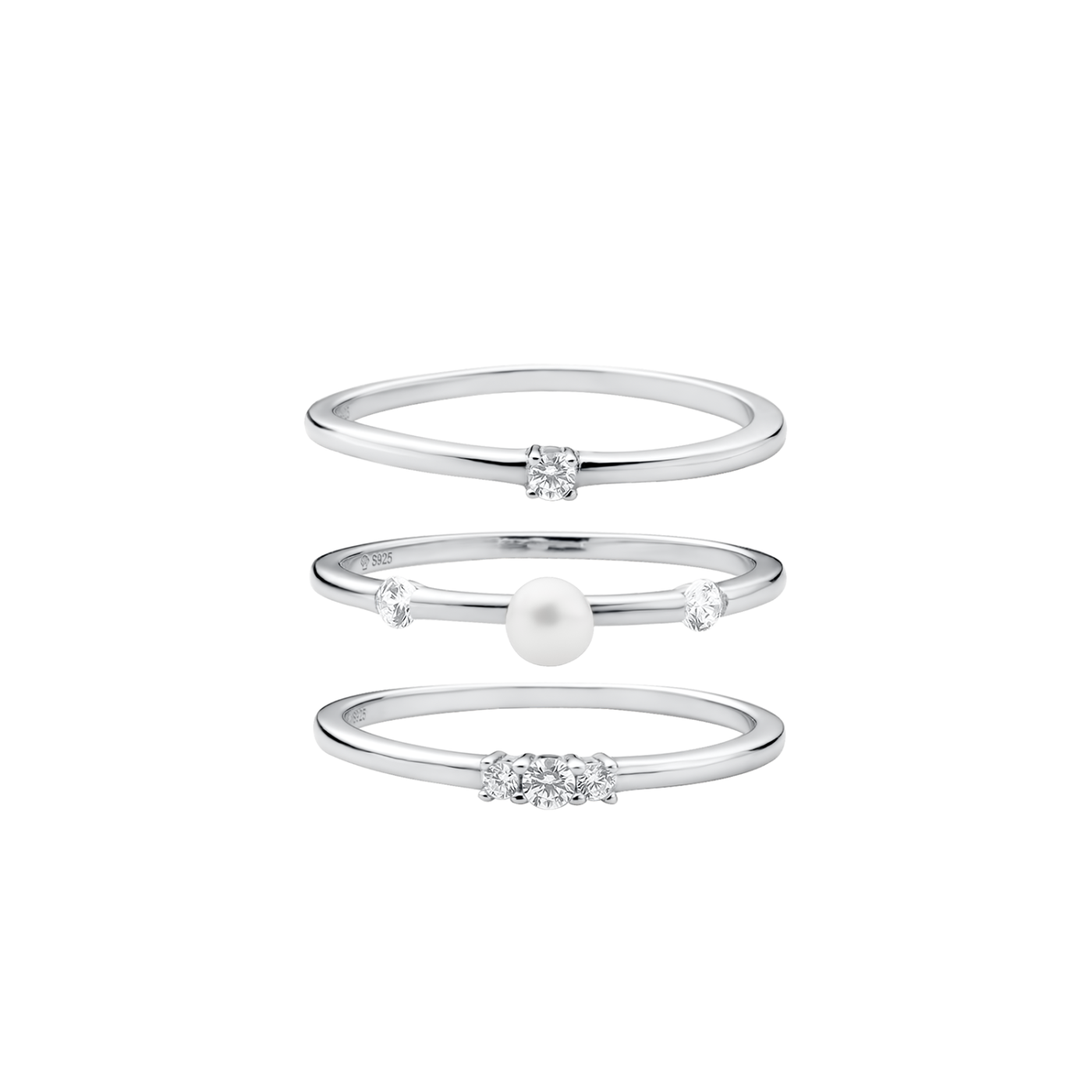 Set of three silver rings with a pearl and zirconia stones