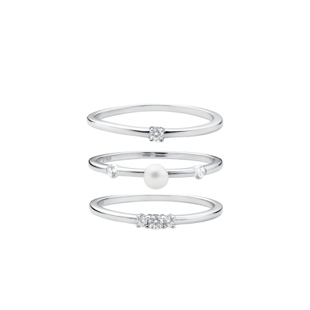 Set of three silver rings with a pearl and zirconia stones