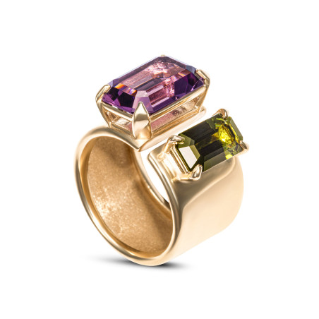Designer Gold Ring with Tourmaline and Amethyst