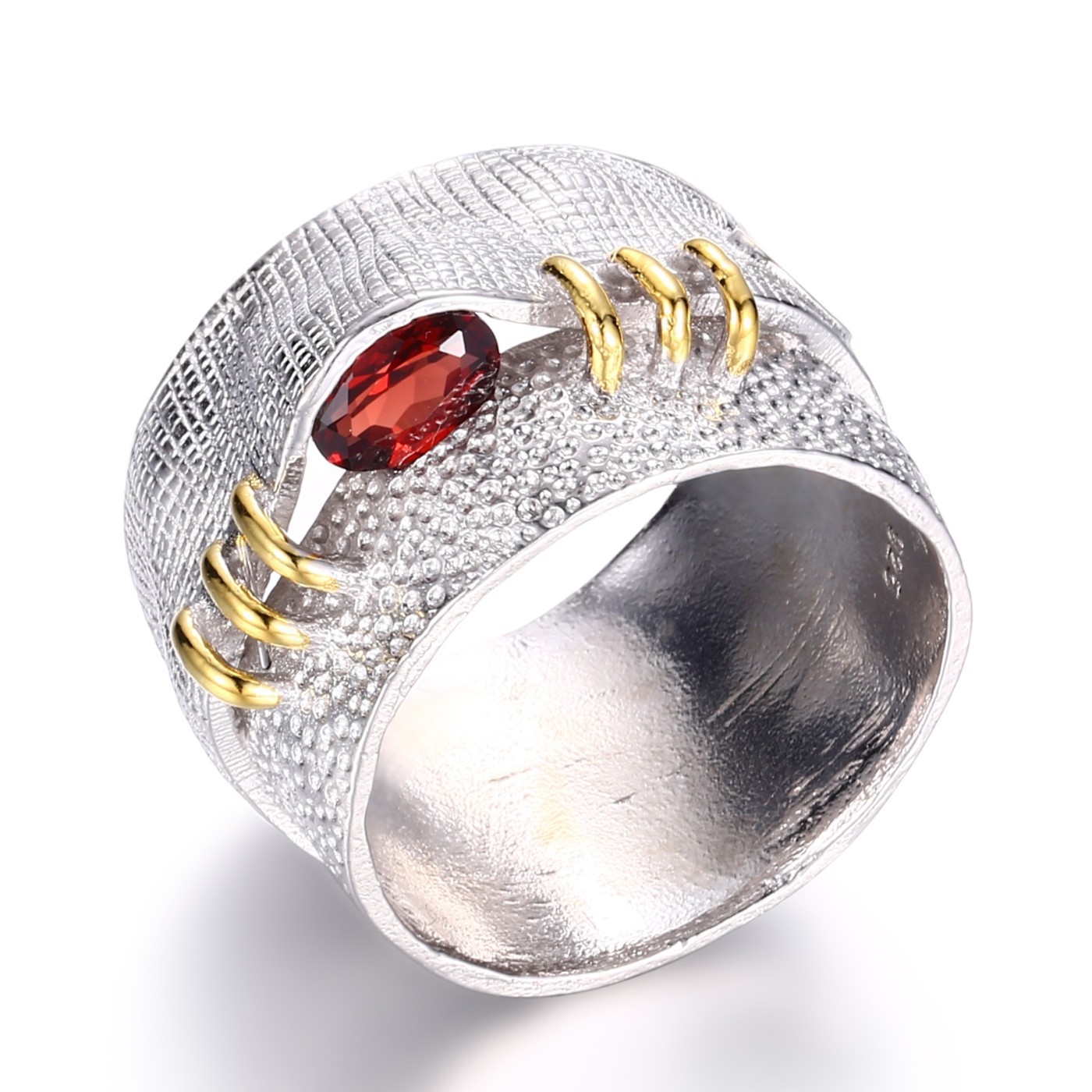 Wide Silver Ring with Garnet and Gold-Plated Details