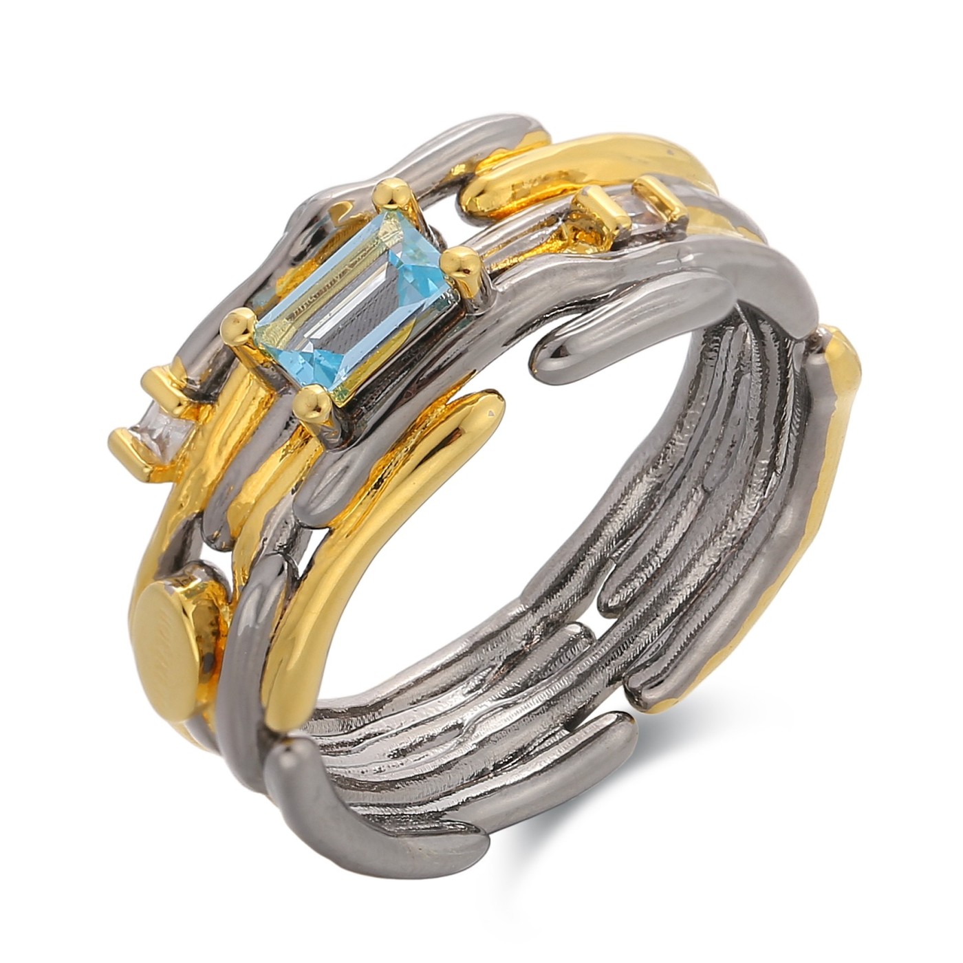 Silver Ring with Blue Topaz and Natural White Zirconia