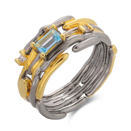 Silver Ring with Blue Topaz and Natural White Zirconia