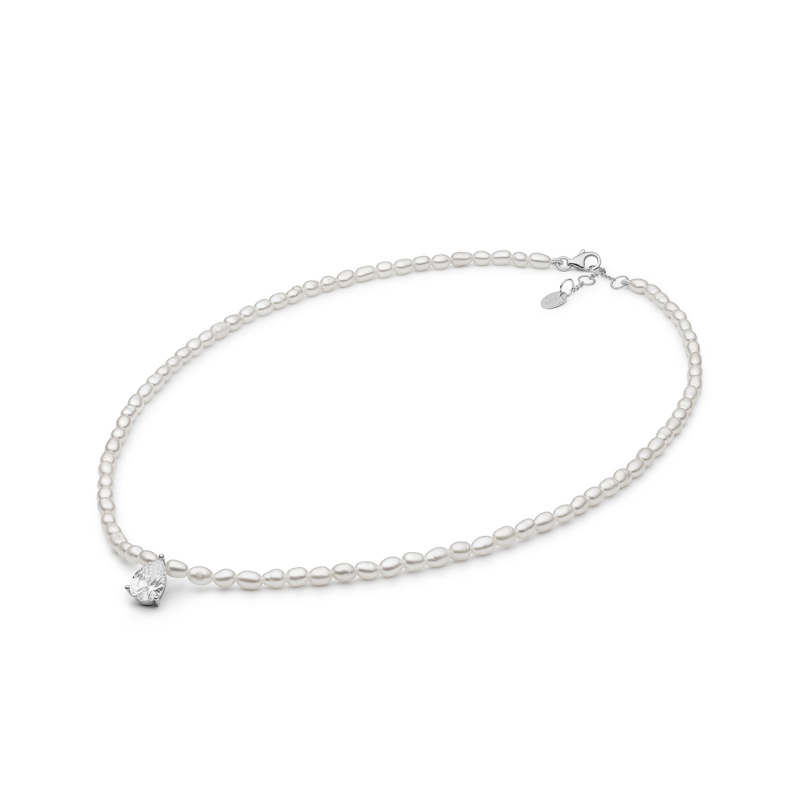 Pearl Necklace with Zirconia Pendant - Adjustable Length
